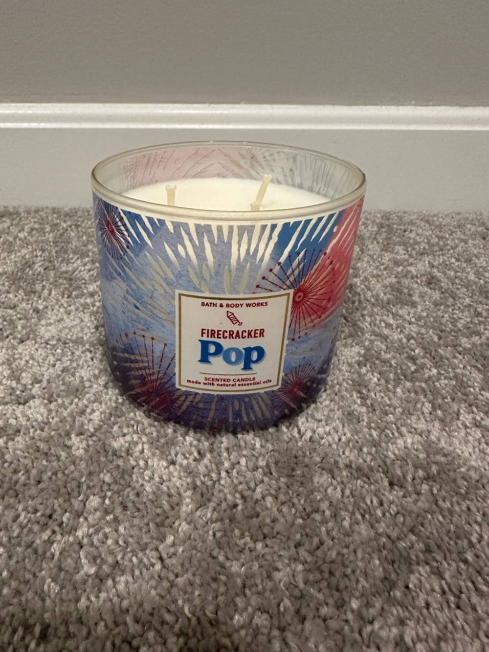 Bath & Body Works Firecracker Pop Decorative Blue & Red 3-Wick Candle